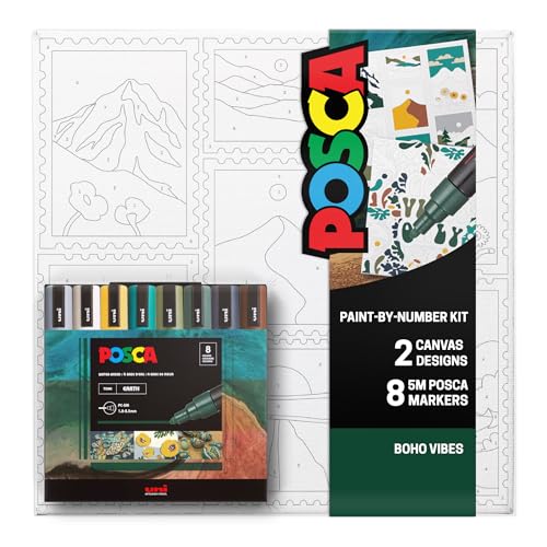 POSCA Canvas Paint by Number Kit, Boho - 8 Acrylic Markers with 2 Pre-Drawn Canvases - Gift Set for Artists, Adults and Kids - color: Boho