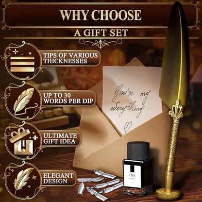 Antique Writing Quill and Ink Set – Stainless Steel Dip Pen Feather Quill Pen and Ink Set with 5 Spare Nibs, Anti-Slip Patterned Grip, Gift-Ready Box with Display Stand – Calligraphy Gift Set (Golden) - color: Gold