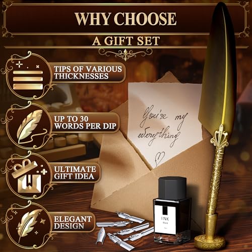 Antique Writing Quill and Ink Set – Stainless Steel Dip Pen Feather Quill Pen and Ink Set with 5 Spare Nibs, Anti-Slip Patterned Grip, Gift-Ready Box with Display Stand – Calligraphy Gift Set (Golden) - color: Gold