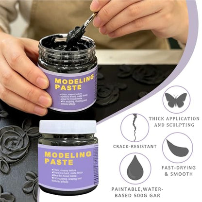 10.56oz/ 300ml Black Modeling Paste & Piping Bags & Brush, 3D Art Texture Paste Fast Drying, High Density Acrylic Medium for Acrylic Painting, DIY Crafts Projects, Sculpture/Wood/Glass/Stone/Canvas - color: Black Modeling Paste + 5pcs Bags+ 1pc Brush