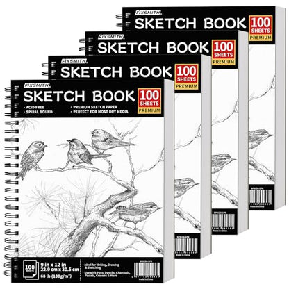 FIXSMITH 9"X12" Sketch Book | 400 Sheets (68 lb/100gsm) Sketchbook| 4 Pack (100 Sheets Each) |Acid Free Drawing Paper | Spiral Bound Sketchpad for Beginners,Artists & Professionals | Bright White - color: Black, size: 9"x12"-4 Pack