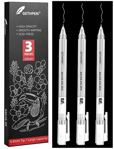 GETHPEN 0.6mm Fine Point Silver Gel Pens, 3-Pack for Artists Drawing on Black Paper, Sketching, Adult Coloring Books & Modern Crafts - size: 0.6 mm, style: 3 Pack Silver