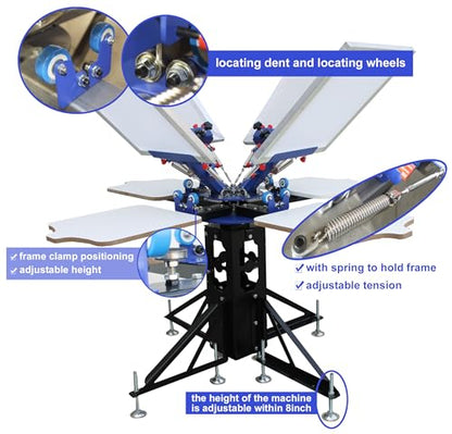 TECHTONGDA 4 Color 4 Station Screen Printing Press Kit Micro-Registration Function with Flash Dryer Squeegee Mesh Frame