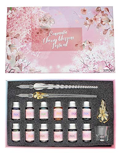 XIAOYU Glass Dip Pen Ink Set, 16 Pieces Calligraphy Pens Set - 12 Colorful Inks, Pen Holder, Cleaning Cup, 2 Crystal Glass Pens for Writing, Signature - Yellow - color: Yellow