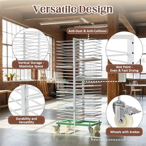 50-Shelf Paint Drying Rack for Cabinet Doors&Woodworking, Heavy Duty Mobile Cabinet Drying Rack with Locking Casters, 25 lbs per Shelf&2.1" Gap,Space-Saving Vertical Storage for Workshops/Paint Shops