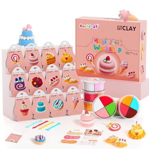 Aestd-ST Air Dry Clay Kit - Cake Themed, Modeling Clay for Kids, Dessert DIY Magic Clay with Tools and Tutorials, 12 Boxes Molding Clay, Soft & Non-Sticky, Arts and Crafts Gifts for Kids - color: Cake Theme