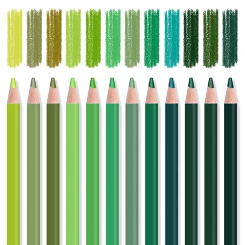 Mifuner 12Pcs Green Colored Pencils Set, Oil Based Drawing Pencils, Pre-sharpened Wooden Professional Sketch Pencil Art Supplies for Adults, Coloring Books, No Duplicates - color: 12Pcs Green Colored