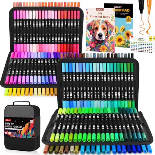 IVSUN Dual Brush Marker Pens,168 Colors Art Markers Set with Fine & Brush Tip for Adult Coloring Book, Bullet Journaling, Drawing, Note Taking, Planner, Hand Lettering, Calligraphy, Art Supplies Kit - color: 168 Colors