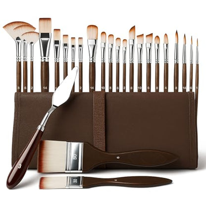 25pcs Paint Brush Set, Acrylic Paint Brushes, Professional Artist Series with Paint Spatula and Cloth Roll for Acrylic Painting, Oil, Watercolor, Gouache Face Painting, Complete Range of Sizes
