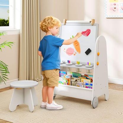 INFANS Easel for Kids with Stool, 4-in-1 Double-Sided Adjustable Magnetic Chalkboard with Paper Roll, Bookshelves, Wheels, Wooden Standing Painting Drawing Art Board for Boys Girls - style: Grey