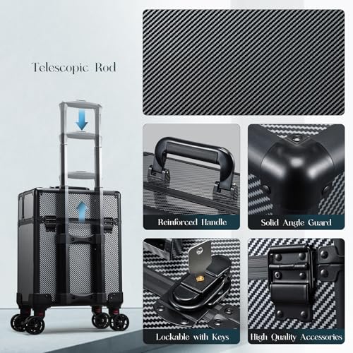 Rolling Makeup Case, Cosmetology Case on Wheels Professional Vanity Case with Trays for Women Large Travel Makeup Box Organizer Trolley with Key, Ashy Grey - color: Urban Black