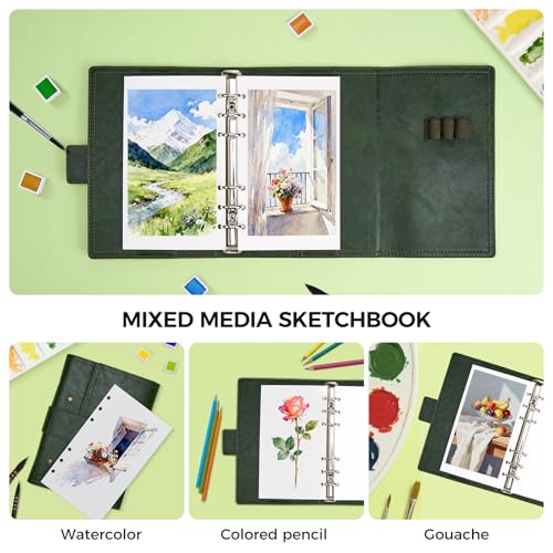 Lightwish Watercolor Sketchbook, 100% Cotton 300gsm Acid Free Hot Press, 6.69" x 3.94", 20 Sheets, Binder Bound & Refillable Paper for Artists,Adults,Students, Travel Art Journal - color: Green