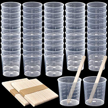 Coopay 50 Pack 30ml/1oz Plastic Graduated Cups Transparent Scale Clear Epoxy Mixing Cup with 100 Pack Wooden Stirring Sticks for Resin, Epoxy, Stain, Mixing Paint - size: 30ml