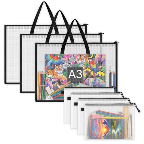 TOTiyea 7-Pack Art Portfolio Bags with Handle & Zipper, Clear Waterproof Poster Storage Set(15.75” x 21.65” & 9.25” x 12.6”), Large Artwork storage for Artwork, Scrapbook, Keepsake & Bulletin Board