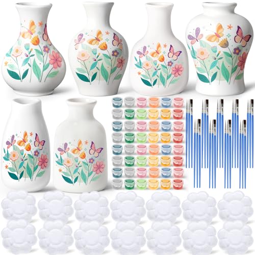 Fuyoooo 6 Sets Paint Your Own Vases Ceramic Vase to Paint Unpainted White Vases Ceramic Painting Kit for Adult with Brush Underglaze Paints Palettes for Adults Porcelain Vase DIY Summer Holiday