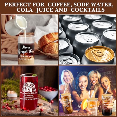 Layhit 24 Set Thank You Team Gifts for Employees Staff Coworker Appreciation Gifts for Teacher Nurse Thank You Glass Cups 16 oz Can Shaped Beer Glass with Lids Straws Brushes(Vivid Style) - style: Vivid Style