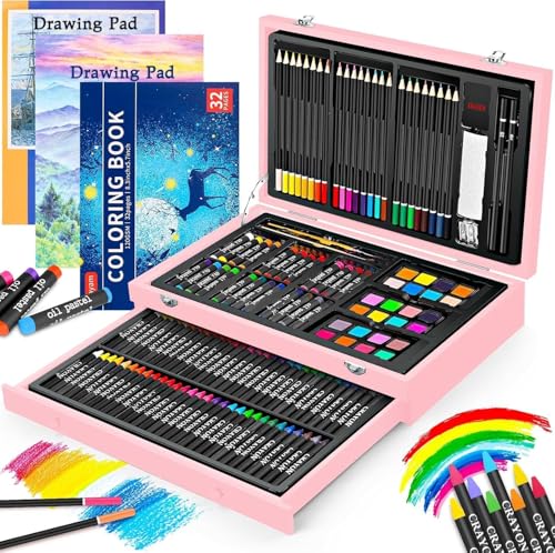 iBayam Christmas| Birthday Gifts for Kids Teen Girls Trendy Stuff 6-16 Year Old, 150-Pack Art Set Kits with 2 Sketch Pads, Coloring Book, Stocking Stuffers for Teens Girls, Cute Cool Fun Crafts Gifts - color: Pink