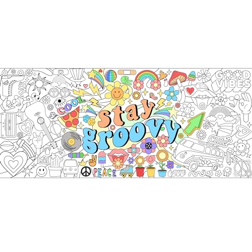 Dvbonike Jumbo Stay Groovy Coloring Poster Retro Hippie Boho Patterns DIY Drawing Color-in Paper Blank Doodle Art Banner 55.1 x 23.6 Inch Decor, School Group Activities for Kids Party Suppiles - style: Groovy