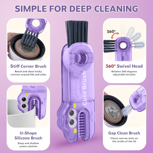 Cup Lid Cleaning Brush, 3 in 1 Lid Cleaner for Tumblers and Water Bottles, Gap Cleaning Brush with Straw Hole Detail Tool, Multifunctional Brush for Daily Use (Pink Purple) - color: Pink Purple