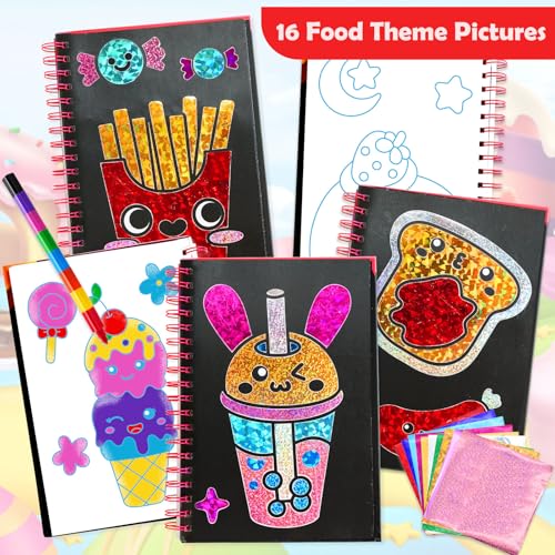 FUNNYB&G Foil Art Craft Kit for Girls 4-10 Years Old: Mess-Free & No-Glue, Create 16 Sparkly Food Pictures – Perfect Travel Toy & Birthday Gift for Kids (Food) - style: Food