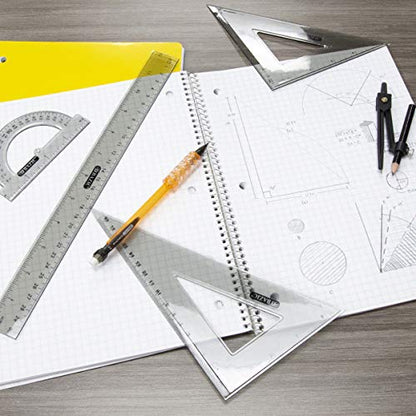 BAZIC Math Geometry Set 5 Pieces, Compass, Protractor, Ruler, 2 Triangle Rulers, Plastic Clear Measuring Sets for Students Professional, 1-Pack | 4-piece geometry set (12 in ruler; 30/60 and 45/90 triangles; 180-degree protractor) plus a compass