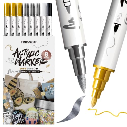 TRANSON 3 Gold, 3 Silver, 1 Black and 1 White Paint Markers Brush and Fine Dual-tip Acrylic Paint Marker Set for Rock Painting Glass Canvas Wood Leather Ceramic Painting - style: Brush and Fine 3 Gold 3 Silver 1 Black and 1 White
