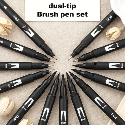 Sibba 12 Pack Black Drawing Pens Black Markers for Drawing Dual Tip Brush Fineliners Pens Fine Point Washable Brush Tip Markers for Adults Art Drawings Sketching Journaling Calligraphy Dooding Marking