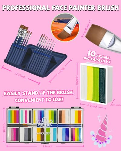 Anka Bella Professional Face Painting Kit for Kids and Adults with tutorial | Water activated face paint,Rainbow cake with Stencil and brush - color: Animal Design Rainbow Cake