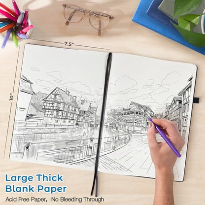 Blank Notebook, Hardcover Sketch Book, 8.5" x 11" Large Blank Journal, No Bleed Thick Paper Sketchbook for Drawing Art, Unlined Notebook Journal for Women Men, A4 Leather Sketchbook, Lay Flat, Blue - color: Blue
