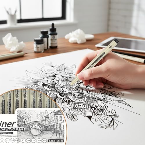 12 Pcs Fineliner Drawing Art Pens Black Waterproof Pigment Ink Set Outlining Archival Quality Markers Thin No Bleed Smooth Supplies for Artists Manga Calligraphy Journaling Illustration