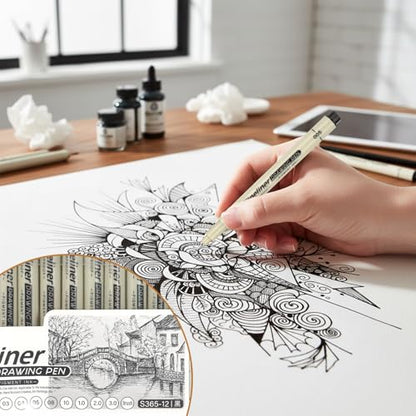 12 Pcs Fineliner Drawing Art Pens Black Waterproof Pigment Ink Set Outlining Archival Quality Markers Thin No Bleed Smooth Supplies for Artists Manga Calligraphy Journaling Illustration