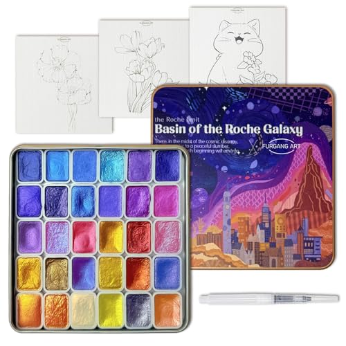 Mini Shifting Watercolor Paint Set, 30 Color Glitter Watercolor Painting Kit, Metallic Watercolor Paints, Solid Water Colors Paint Adult Set, Detail Paint Brush Included, for Artists - color: Basin of the Roche Galaxy