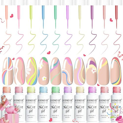 JODSONE 5ml Nail Art Gel Liner Set 10 Colors Gel Nail Polish Need U V Lamp Cured with Thin Brush Gift for Girls at Home Salon Design,Pink Red Blue Purple - color: LB501-LB510