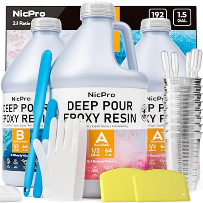 Nicpro 1.5 Gallon Deep Pour Epoxy Resin Kit, 2 to 4 Inch Depth High Gloss & Clear, Bubble Free Epoxy Resin for Craft River Table,Wood Filler, Bar Top, Coating Casting, Self Level 2:1 - size: 1.5 Gallon