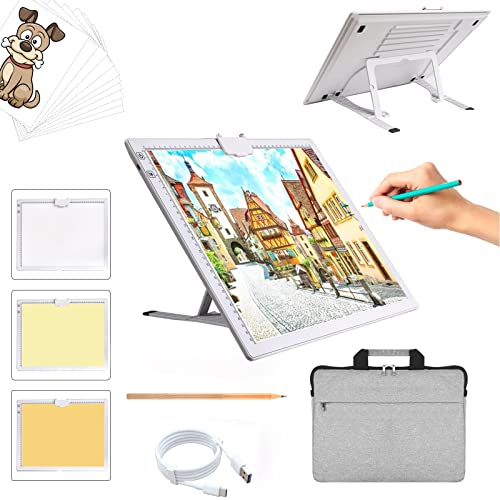 A3 Rechargeable Light Pad with Case, TOHETO 2500mAh Battery Powered Light Board with Stand and Top Magnetic Clip 3 Colors Stepless Dimmable 6 Levels Brightness Light Box for Diamond Painting (White) - style: A3 with Bag (White)