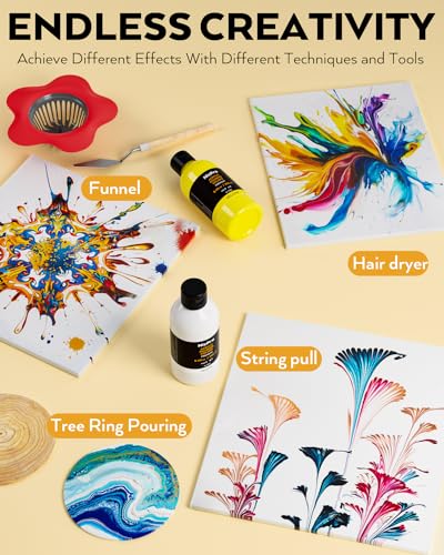 Nicpro 14 Colors 8.45oz Acrylic Pour Paint Supplies Kit, Large Volume Premixed High Flow Painting Bulk Set with Canvas, Wood Natural Slices, Pouring Oil, Tools Gloves, Strainer, Cups for Beginner DIY - color: 14 Colors