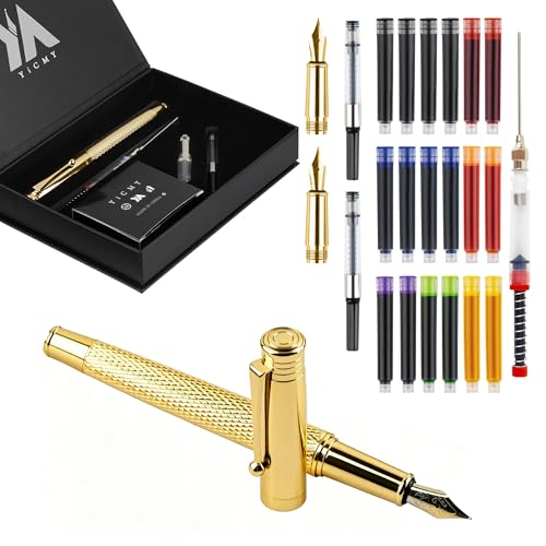 Fancy Fountain Pen Set – Fine & Medium Nibs, Includes 18 Ink Cartridges, Ink Converter, Syringe Filler, Luxury Gift for Writing, Journaling & Calligraphy，Silvery (Gold) - color: Gold