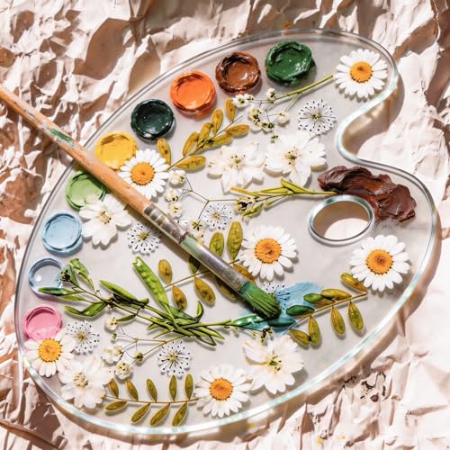 11 x 7.9 Inch Epoxy Dried Flower Painting Palette with Thumb Hole, Pressed Flower Paint Tray Pad, Resin Artist Pallet for Oil Watercolor Craft DIY Art Painting Palette