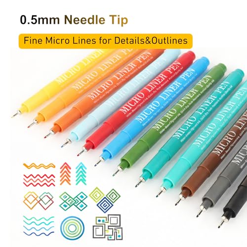 12 Colors Fineliner Pens Set, 0.5mm Fine Point Needle Tip Pens, No Bleed Waterproof Archival Ink for Drawing, Bullet Journal, Bible Journaling, Note Taking