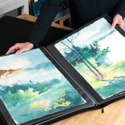 Picturesque Pro Presentation Case- Professional Art Portfolio Folder for Artwork up to 24x36- Vegan Leather Zippered Case, Archival Storage Solution w/Removable Spiral-Bound Book of 20 Clear Sleeves - size: 24x36 in w/Refill