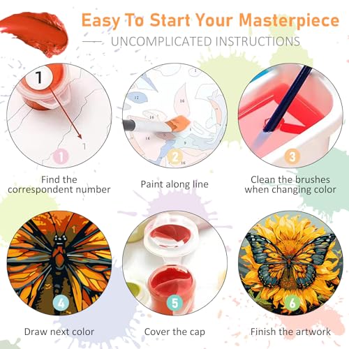 Framed Paint by Numbers Kit for Adults Beginners & Kids Ages 8-12, Butterfly Sunflower Acrylic Easy Paint by Number with Frame, Paint by Number Kits on Canvas Framed (10 * 10 Inch, without Easel) - color: BOP1PF01, size: 10 x 10 Inch