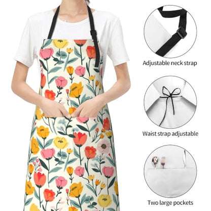 Cream Pastel Wildflower Art Waterproof Apron with Pockets | Garden Aprons for Men Women Adjustable Bib Apron for Cooking Kitchen Baking BBQ Painting Housework Oil Resistant - color: Cream Tulip Garden