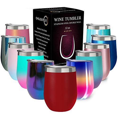 CHILLOUT LIFE 12 oz Stainless Steel Wine Tumbler with Lid - Double Wall Vacuum Insulated Wine Cup Glass Keeping Cold & Hot for Coffee, Champagne, Cocktails, Ice Cream - Powder Coated Red - color: Cherry Red, style: 1 Pack