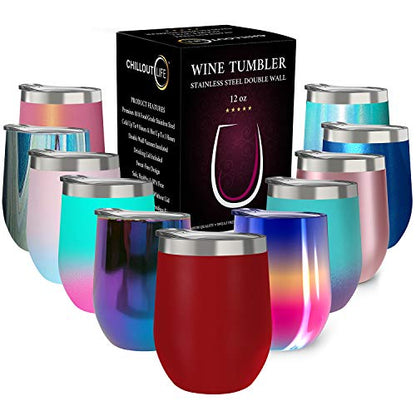 CHILLOUT LIFE 12 oz Stainless Steel Wine Tumbler with Lid - Double Wall Vacuum Insulated Wine Cup Glass Keeping Cold & Hot for Coffee, Champagne, Cocktails, Ice Cream - Powder Coated Red - color: Cherry Red, style: 1 Pack