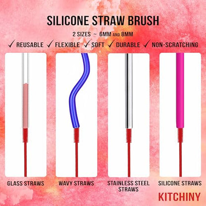 Kitchiny Silicone Bottle Brush with 2 Straw Cleaners - 12.5” Water Bottle Cleaner Brush for Yeti, Hydro Flask, Owala, Stanley, Baby Bottles, Glassware, Vases & Narrow Neck Containers - Red - color: Red