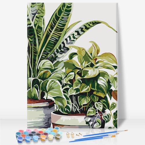 Camocin Framed Paint by Numbers Kit for Adults Beginner - Tropical Green Plants Paint by Number Canvas with Frame, DIY Acrylic Painting Kit for Plant Lover Home Wall Decor 8x12 Inch - color: Leaf-01, size: 8x12 Inch
