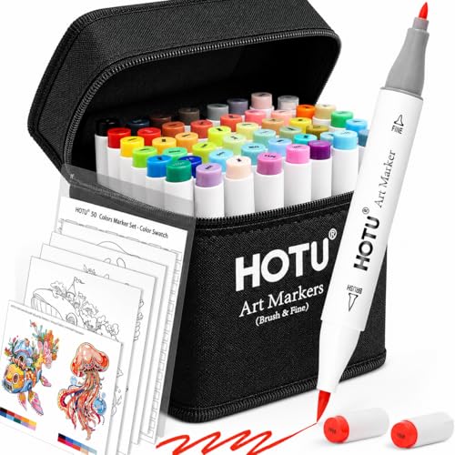 HOTU 50 Colors Alcohol Markers Brush Tip and Fine - Dual Tip Art Marker Set for Artists Adults Coloring, Sketching - Professional Alcohol Based Markers with Bleed-prevention Pad & 4 Coloring Cards - color: Multicolor