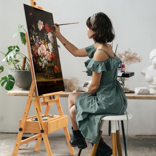 Large Wood H-Frame Easel with Storage Drawer, Foldable Art Painting Easel for Adults and Students, Adjustable Artist Easel Stand for Painting and Display, Holds Canvas Art up to 48"
