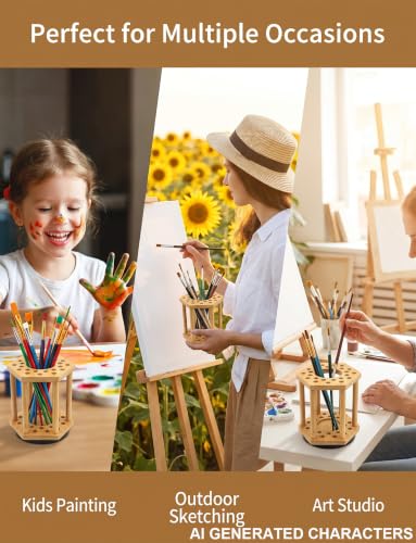 Paint Brush Holder Bamboo Paint Brush Holder,Rotating Watercolor Paint BrushHolder Display Stand and Organizer with 24Holes and 1 Big Hole for Desk, Arts and Crafts (1PCS)