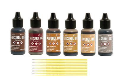 Ranger Alcohol Inks Set Bundles - 6 Bottles of Tim Holtz Alcohol Inks with Trebbies Fine Detail Sticks (Shades of Brown) - color: Shades of Brown